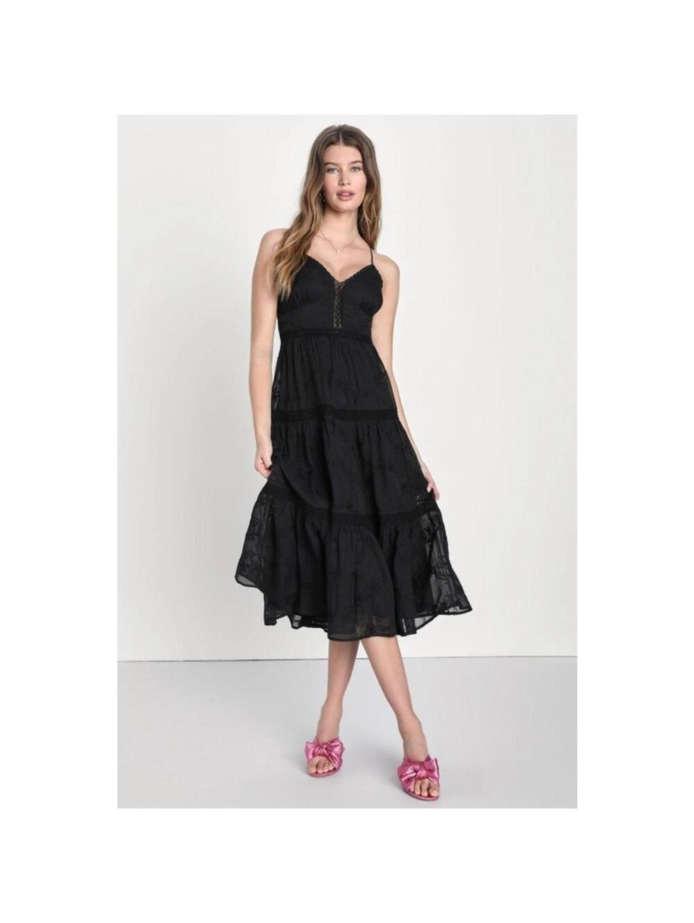 Lulus Forever Your Darling Dress XS Black Floral Lace Backless Mid Formal Event